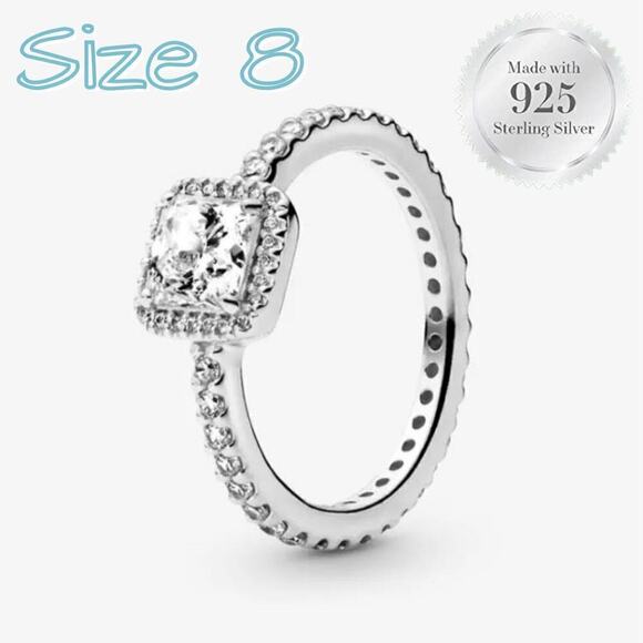 Size 8 Square CZ Sparkle Halo 925 Ring - Picture 1 of 9